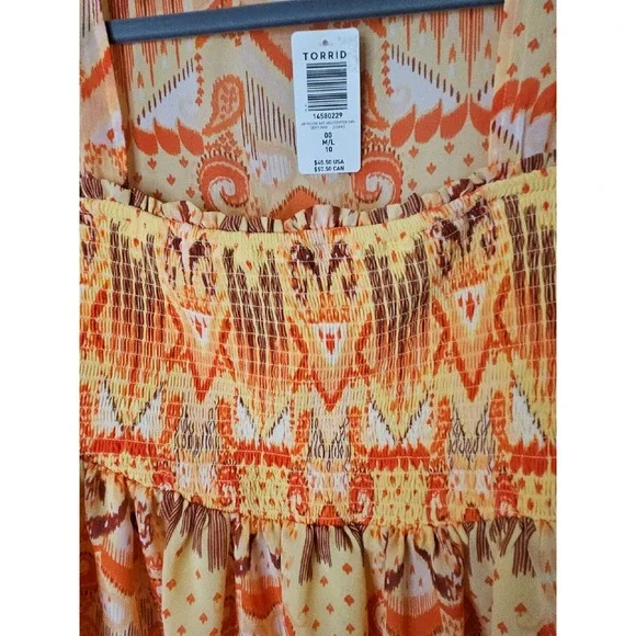 Torrid Top 00 M/L Ikat Babydoll Smocked Boho Ruffle Western Patchwork Earthy - Picture 12 of 16
